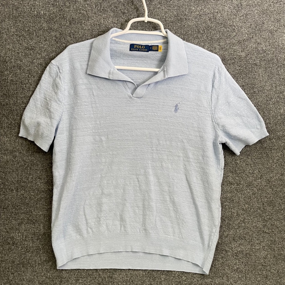 Polo Ralph Lauren Knit Sweater Polo Shirt Mens Sz M Blue Buttonless Johnny Cut
